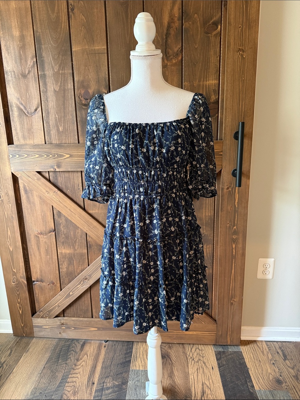 Trixxi Navy Blue Floral Square Neck Tiered Dress